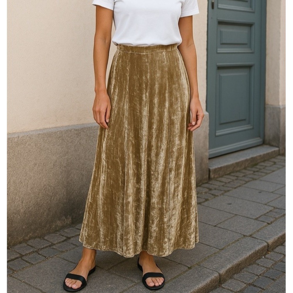 House of Harlow 1960 Gold Velvet Shimmer Maxi Skirt US‎ 27  Flair Lined Zip Back
